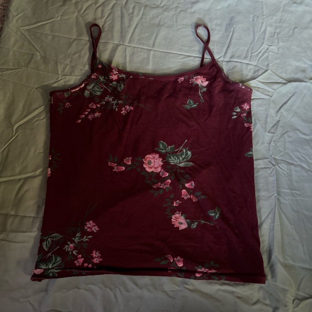 floral tank top, burgundy/maroon with flowers